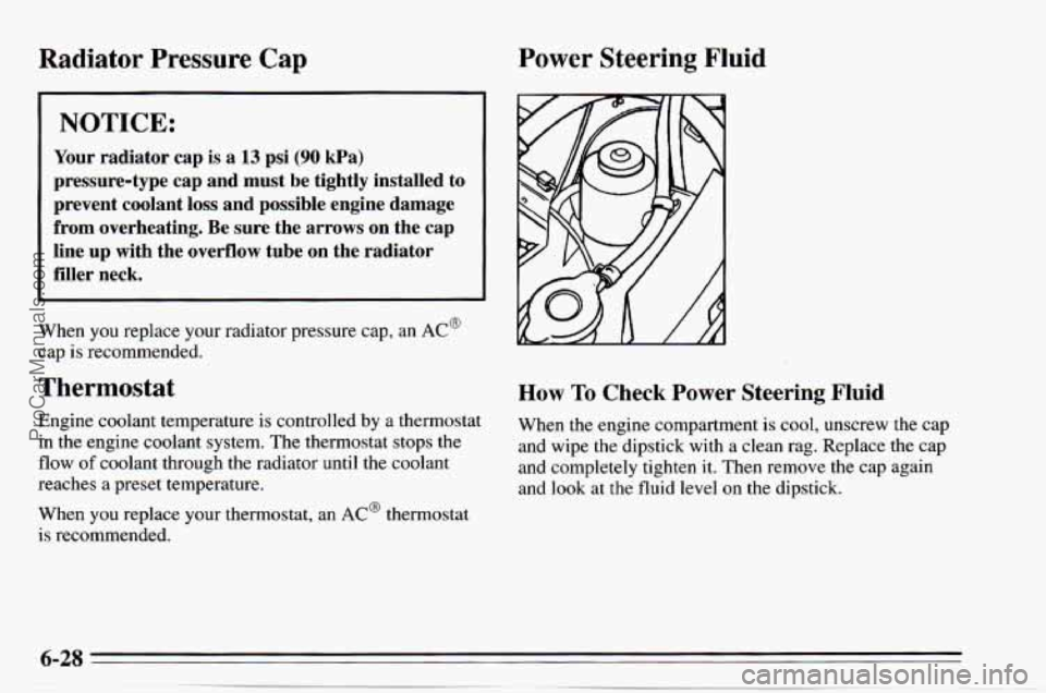 CHEVROLET TRACKER 1995  Owners Manual Radiator Pressure Cap Power Steering Fluid 
I NOTICE: 
Your radiator  cap is a 13 psi (90 kPa) 
pressure-type  cap  and  must  be  tightly  installed  to 
prevent  coolant 
loss and  possible  engine 