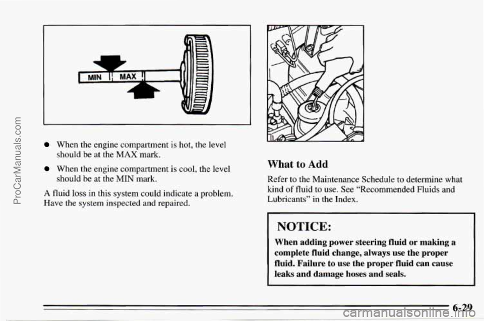 CHEVROLET TRACKER 1995 Repair Manual When the engine compartment is hot, the level
should
be at the MAX mark.
When the engine compartment is cool, the level
should be at the MIN mark.
A fluid loss in this system could indica CHEVROLET TRACKER 1995 Repair Manual When the engine compartment is hot, the level
should
be at the MAX mark.
When the engine compartment is cool, the level
should be at the MIN mark.
A fluid loss in this system could indica
