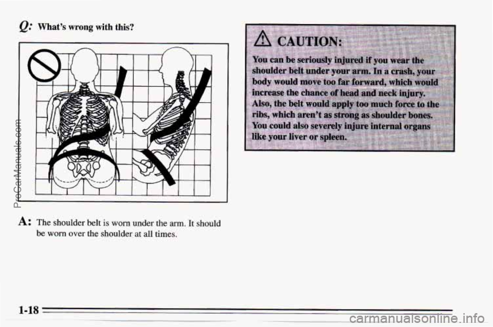 CHEVROLET TRACKER 1995 Owners Manual &; Whats wrong with  this? 
L 
A: The shoulder belt is worn under  the arm. It should 
be 
worn over  the shoulder,  at all times. 
ProCarManuals.com 