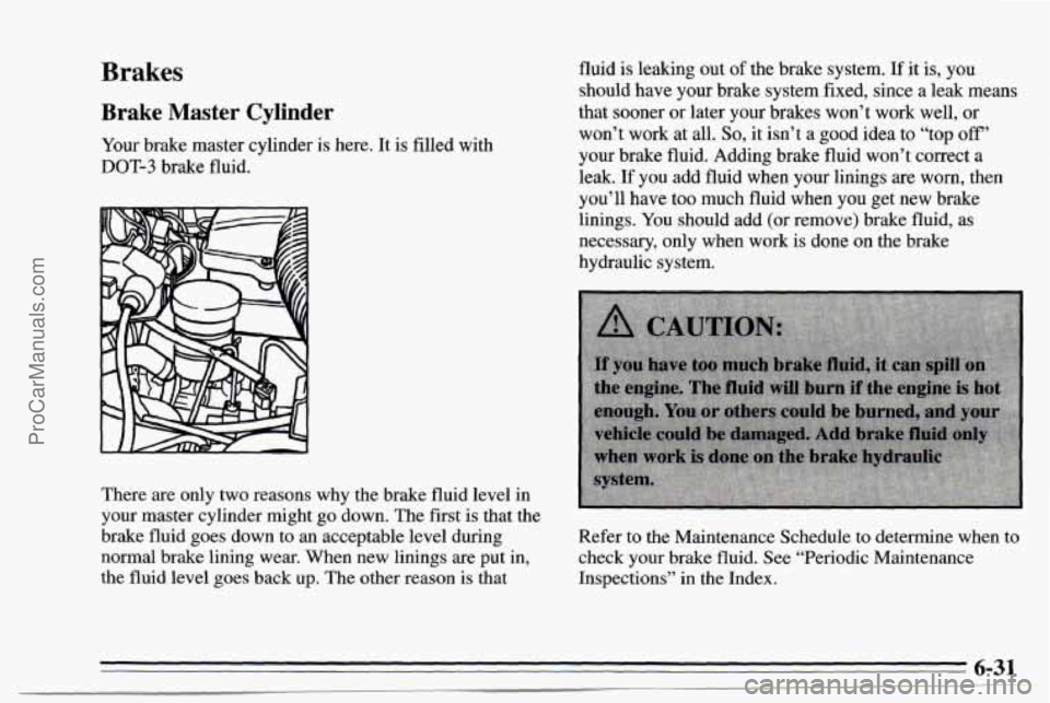 CHEVROLET TRACKER 1995 Owners Manual Brakes
Brake Master Cylinder
YOLK brake master cylinder is here. It is filled with
DOT-3 brake fluid.
There are only two reasons why the brake fluid level in
your master cylinder might go CHEVROLET TRACKER 1995 Owners Manual Brakes
Brake Master Cylinder
YOLK brake master cylinder is here. It is filled with
DOT-3 brake fluid.
There are only two reasons why the brake fluid level in
your master cylinder might go