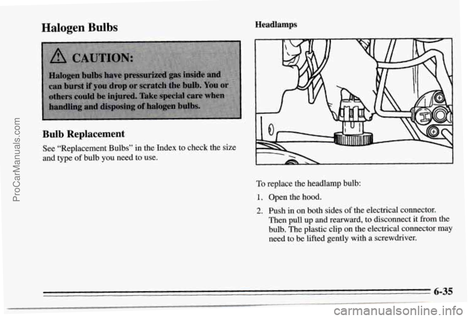 CHEVROLET TRACKER 1995 Owners Manual Halogen Bulbs Headlamps
Bulb Replacement
See “Replacement Bulbs” in the Index to check the size
and type
of bulb you need to use.
To replace the headlamp bulb:
1. Open the hood.
CHEVROLET TRACKER 1995 Owners Manual Halogen Bulbs Headlamps
Bulb Replacement
See “Replacement Bulbs” in the Index to check the size
and type
of bulb you need to use.
To replace the headlamp bulb:
1. Open the hood.