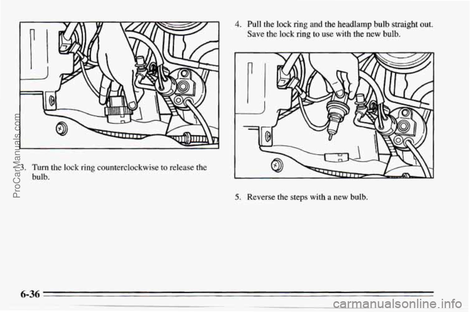 CHEVROLET TRACKER 1995 User Guide 4. Pull the lock ring and the headlamp bulb straight out.
Save the lock
ring to use with the new bulb.
3. Turn the lock ring counterclockwise to release the
bulb.
5. Reverse the steps wi CHEVROLET TRACKER 1995 User Guide 4. Pull the lock ring and the headlamp bulb straight out.
Save the lock
ring to use with the new bulb.
3. Turn the lock ring counterclockwise to release the
bulb.
5. Reverse the steps wi