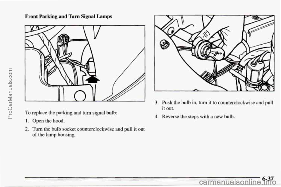 CHEVROLET TRACKER 1995  Owners Manual Front  Parking  and  Turn Signal Lamps 
To replace  the parking and turn signal bulb: 
1. Open the hood. 
2. Turn  the  bulb  socket counterclockwise and pull it out 
of the lamp housing. 
3. Push the