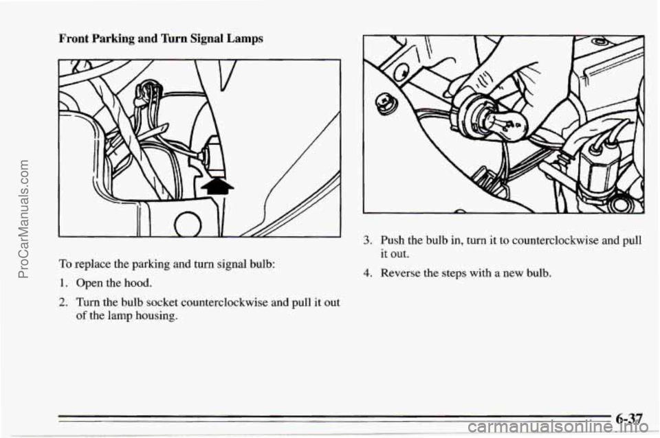 CHEVROLET TRACKER 1995 Owners Manual Front Parking and Turn Signal Lamps
To replace the parking and turn signal bulb:
1. Open the hood.
2. Turn the bulb socket counterclockwise and pull it out
of the lamp housing.
3. Push the CHEVROLET TRACKER 1995 Owners Manual Front Parking and Turn Signal Lamps
To replace the parking and turn signal bulb:
1. Open the hood.
2. Turn the bulb socket counterclockwise and pull it out
of the lamp housing.
3. Push the