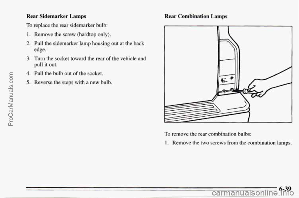 CHEVROLET TRACKER 1995 Owners Manual Rear Sidemarker Lamps
To replace the rear sidemarker bulb:
1.
2.
3.
4.
5.
Remove the screw (hardtop only).
Pull the sidemarker lamp housing out at the back
edge.
Turn the socket towa CHEVROLET TRACKER 1995 Owners Manual Rear Sidemarker Lamps
To replace the rear sidemarker bulb:
1.
2.
3.
4.
5.
Remove the screw (hardtop only).
Pull the sidemarker lamp housing out at the back
edge.
Turn the socket towa