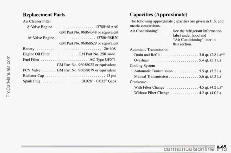 CHEVROLET TRACKER 1995  Owners Manual Replacement  Parts 
Air Cleaner Filter 
8-Valve  Engine 
.................... 13780-61AAO 
GM  Part 
No. 96064348  or equivalent 
16-Valve  Engine 
.................... 13780-58B20 
GM Part No. 960686