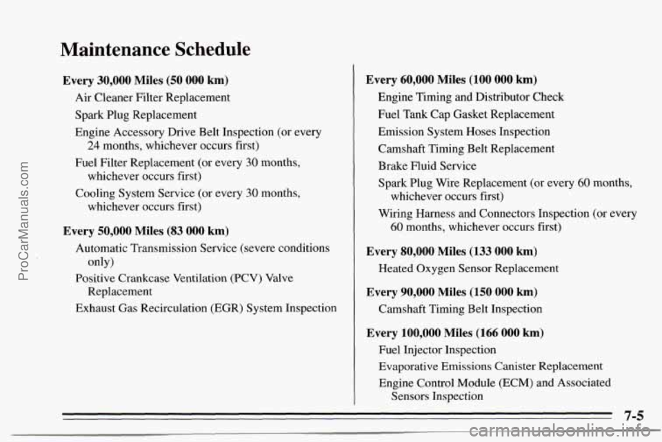 CHEVROLET TRACKER 1995 Owners Manual Maintenance Schedule
Every 30,000 Miles (50 000 km)
Air Cleaner Filter Replacement
Spark Plug Replacement
Engine Accessory Drive Belt Inspection (or every
Fuel Filter Replacement (o CHEVROLET TRACKER 1995 Owners Manual Maintenance Schedule
Every 30,000 Miles (50 000 km)
Air Cleaner Filter Replacement
Spark Plug Replacement
Engine Accessory Drive Belt Inspection (or every
Fuel Filter Replacement (o
