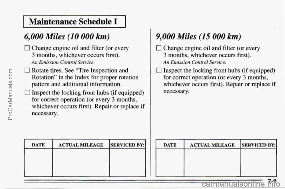 CHEVROLET TRACKER 1995 Owners Manual I Maintenance Schedule I I
6,000 Miles (10 000 km)
0 Change engine oil and filter (or every
3 months, whichever occurs first).
0 Rotate tires. See “Tire Inspection and
Rotation” in the I CHEVROLET TRACKER 1995 Owners Manual I Maintenance Schedule I I
6,000 Miles (10 000 km)
0 Change engine oil and filter (or every
3 months, whichever occurs first).
0 Rotate tires. See “Tire Inspection and
Rotation” in the I