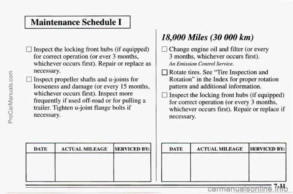 CHEVROLET TRACKER 1995  Owners Manual I Maintenance  Schedule I I 
0 Inspect the locking front hubs  (if equipped) 
for correct operation  (or ever 
3 months, 
whichever  occurs first). Repair 
or replace as 
necessary. 
0 Inspect  propel