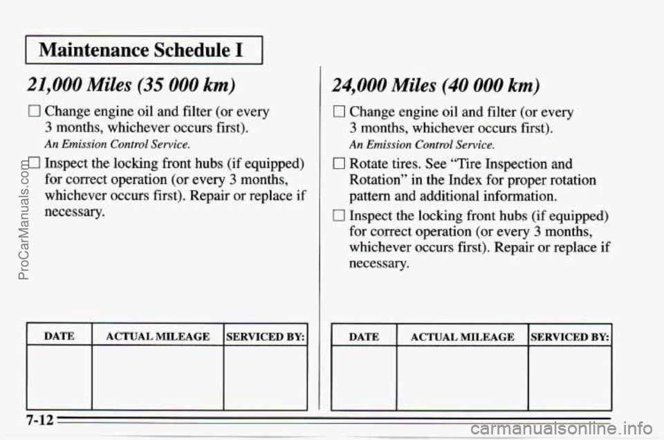 CHEVROLET TRACKER 1995 Owners Manual I Maintenance Schedule I I ~~
21,000 Miles (35 000 km)
0 Change engine oil and filter (or every
3 months, whichever occurs first).
An Emission Control Service.
0 Inspect the locking front CHEVROLET TRACKER 1995 Owners Manual I Maintenance Schedule I I ~~
21,000 Miles (35 000 km)
0 Change engine oil and filter (or every
3 months, whichever occurs first).
An Emission Control Service.
0 Inspect the locking front