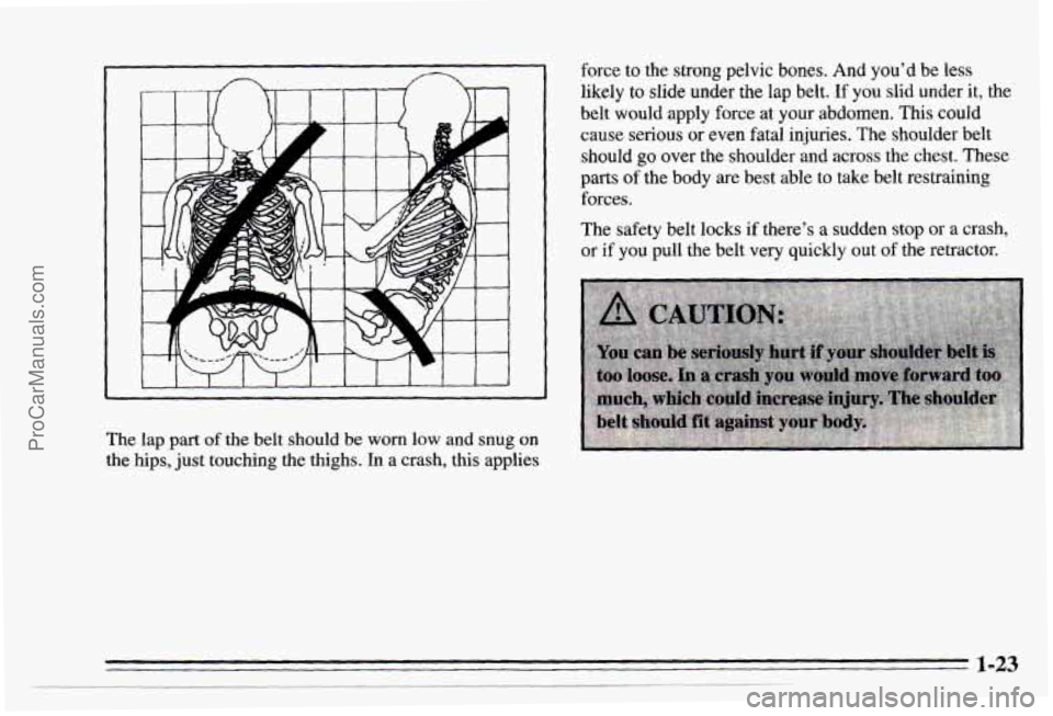 CHEVROLET TRACKER 1995 Owners Manual force to the  strong  pelvic  bones. And you’d  be less 
likely  to slide under  the 
lap belt. If you slid under  it, the 
belt  would  apply force at your  abdomen. 
This could 
cause  serious 
or