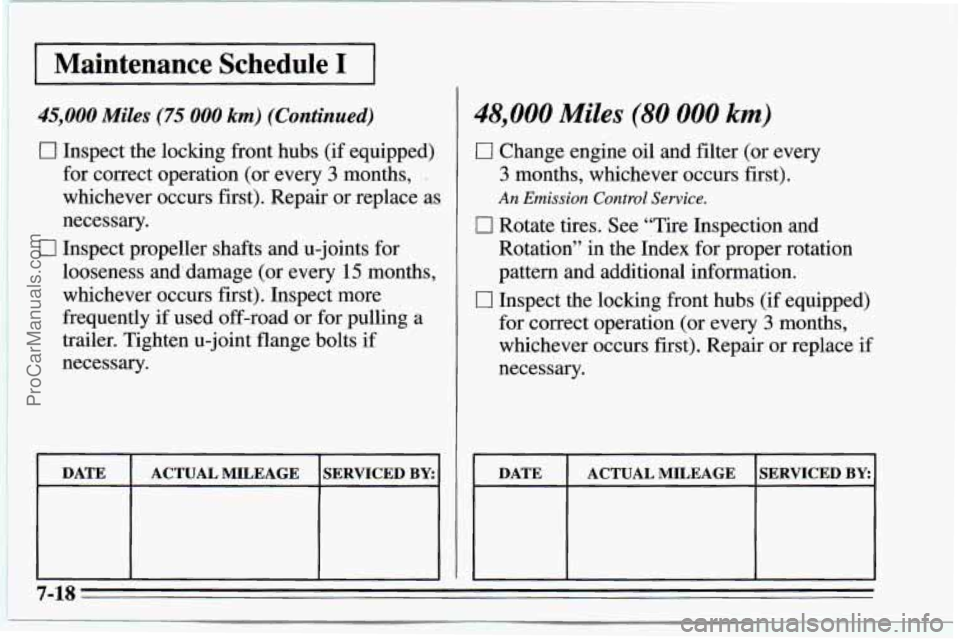 CHEVROLET TRACKER 1995  Owners Manual 1 Maintenance  Schedule I I 
45,000 Miles (75 000 km) (Continued) 
[7 Inspect  the  locking front hubs (if equipped) 
for  correct  operation  (or  every 
3 months, . 
whichever  occurs first).  Repai