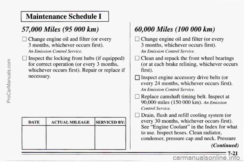 CHEVROLET TRACKER 1995 User Guide I Maintenance Schedule I I
57,000 Miles (95 000 km)
0 Change engine oil and filter (or every
3 months, whichever occurs first).
An Emission Control Service.
0 Inspect the locking front hubs CHEVROLET TRACKER 1995 User Guide I Maintenance Schedule I I
57,000 Miles (95 000 km)
0 Change engine oil and filter (or every
3 months, whichever occurs first).
An Emission Control Service.
0 Inspect the locking front hubs