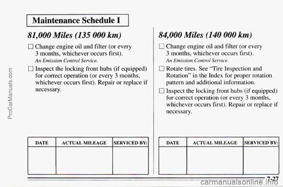 CHEVROLET TRACKER 1995  Owners Manual I Maintenance  Schedule I I __ 
81,000 Miles (135 000 km) 
0 Change engine oil and filter (or  every 
3 months, whichever  occurs first). 
An Emission  Control  Service. 
0 Inspect the locking front h CHEVROLET TRACKER 1995  Owners Manual I Maintenance  Schedule I I __ 
81,000 Miles (135 000 km) 
0 Change engine oil and filter (or  every 
3 months, whichever  occurs first). 
An Emission  Control  Service. 
0 Inspect the locking front h