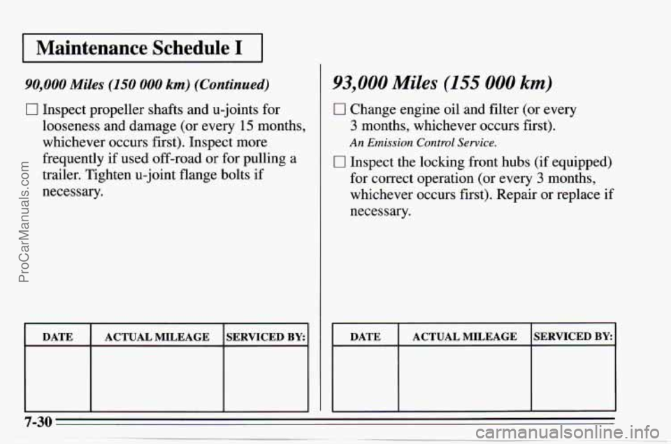 CHEVROLET TRACKER 1995  Owners Manual I Maintenance Schedule I I 
90,000 Miles (150 000 km) (Continued) 
0 Inspect  propeller shafts and  u-joints  for 
looseness  and  damage (or  every 
15 months, 
whichever  occurs first).  Inspect  mo CHEVROLET TRACKER 1995  Owners Manual I Maintenance Schedule I I 
90,000 Miles (150 000 km) (Continued) 
0 Inspect  propeller shafts and  u-joints  for 
looseness  and  damage (or  every 
15 months, 
whichever  occurs first).  Inspect  mo