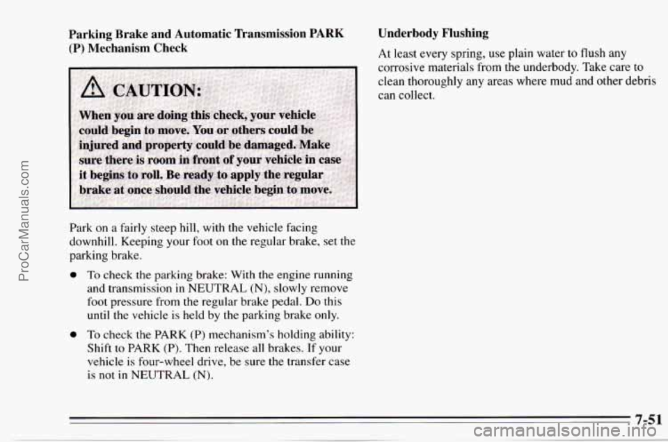 CHEVROLET TRACKER 1995 Owners Manual Parking Brake and Automatic Ikansmission PARK Underbody Flushing \
(P) Mechanism Check At least every spring, use plain water to flush any
corrosive materials from
the underbody. Take CHEVROLET TRACKER 1995 Owners Manual Parking Brake and Automatic Ikansmission PARK Underbody Flushing \
(P) Mechanism Check At least every spring, use plain water to flush any
corrosive materials from
the underbody. Take