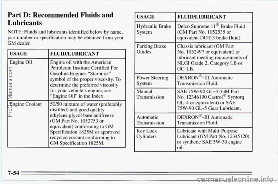 CHEVROLET TRACKER 1995 Owners Manual Part D: Recommended Fluids and
Lubricants
NOTE: Fluids and lubricants identified below by name,
part number or specification may be obtained from your
GM dealer.
I USAGE
1 Engine Oil
F Eng CHEVROLET TRACKER 1995 Owners Manual Part D: Recommended Fluids and
Lubricants
NOTE: Fluids and lubricants identified below by name,
part number or specification may be obtained from your
GM dealer.
I USAGE
1 Engine Oil
F Eng