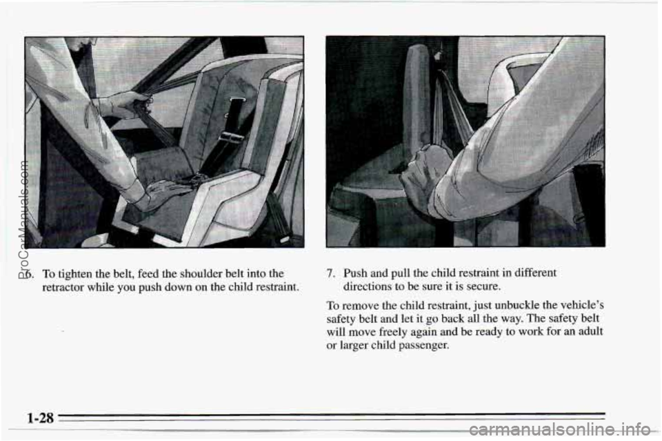 CHEVROLET TRACKER 1995 Owners Guide 6. To tighten the belt, feed the shoulder belt  into the 
retractor while you  push down on the child restraint. 7. Push and pull the child restraint  in different 
directions to  be sure  it  is secu
