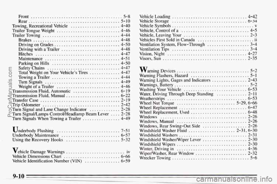 CHEVROLET TRACKER 1995 User Guide Front ....................................... 5-8
Rear ....................................... 5-10
Towing. Recreational Vehicle ..................... 4-40
Trailer Tongue Weight ............... CHEVROLET TRACKER 1995 User Guide Front ....................................... 5-8
Rear ....................................... 5-10
Towing. Recreational Vehicle ..................... 4-40
Trailer Tongue Weight ...............