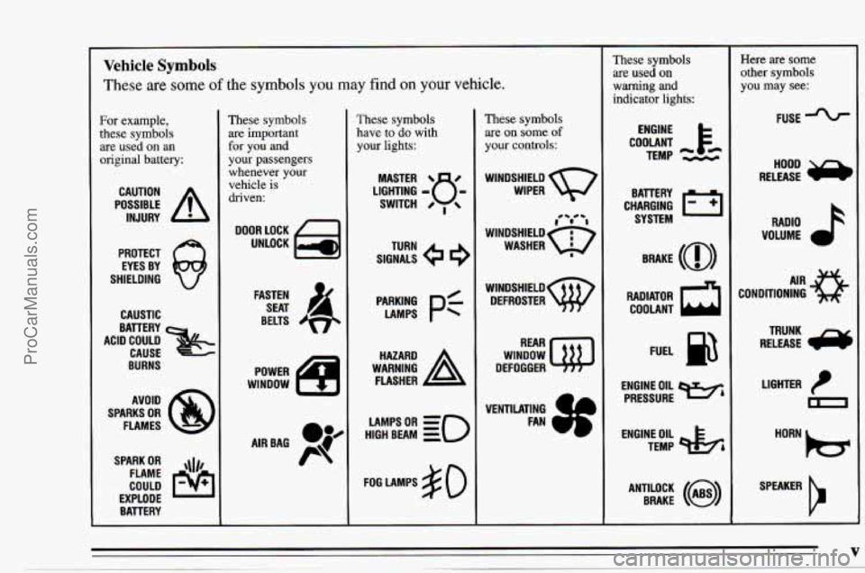 CHEVROLET TRACKER 1995 Owners Manual ~~ Vehicle Symbols
These are some of the symbols you may find on your vehicle.
For example,
these symbols
are used on an
original battery:
POSSIBLE A
CAUTION
INJURY
PROTECT EYES BY
S CHEVROLET TRACKER 1995 Owners Manual ~~ Vehicle Symbols
These are some of the symbols you may find on your vehicle.
For example,
these symbols
are used on an
original battery:
POSSIBLE A
CAUTION
INJURY
PROTECT EYES BY
S