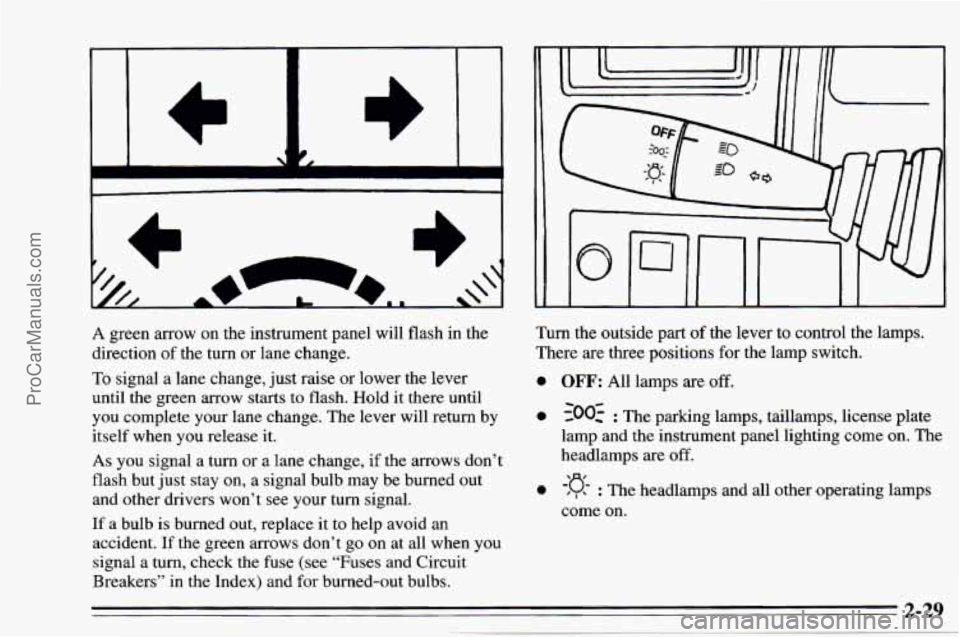 CHEVROLET TRACKER 1995 Owners Manual 4
L
A green arrow on the instrument panel will flash in the
direction of the turn or lane change.
To signal a lane change, just raise or lower the lever
until the green arrow starts
to CHEVROLET TRACKER 1995 Owners Manual 4
L
A green arrow on the instrument panel will flash in the
direction of the turn or lane change.
To signal a lane change, just raise or lower the lever
until the green arrow starts
to