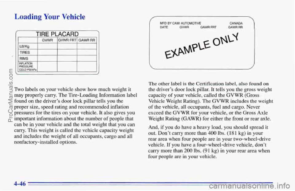 CHEVROLET TRACKER 1996 Owners Manual Loading Your Vehicle
TIRE PLACARD
I GWR IGWR FRTI GAWR RR I I I I I I
LBIKg
~~
TIRES
RIMS
INFLATION
COLD PSl/kPa PRESSURE
MFD BY CAM1 AUTOMOTIVE DATE GVWR GAWR FRT CANADA GAWR RR
Two labels CHEVROLET TRACKER 1996 Owners Manual Loading Your Vehicle
TIRE PLACARD
I GWR IGWR FRTI GAWR RR I I I I I I
LBIKg
~~
TIRES
RIMS
INFLATION
COLD PSl/kPa PRESSURE
MFD BY CAM1 AUTOMOTIVE DATE GVWR GAWR FRT CANADA GAWR RR
Two labels