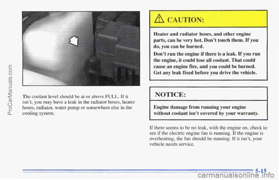CHEVROLET TRACKER 1996 Owners Manual The coolant level should be at or above FULL. If it
isn’t, you may have a leak in the radiator hoses, heater
hoses, radiator, water
pump or somewhere else in the
cooling system.
Heater and CHEVROLET TRACKER 1996 Owners Manual The coolant level should be at or above FULL. If it
isn’t, you may have a leak in the radiator hoses, heater
hoses, radiator, water
pump or somewhere else in the
cooling system.
Heater and