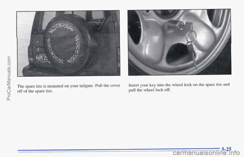 CHEVROLET TRACKER 1996  Owners Manual The  spare  tire is mounted on your tailgate.  Pull the cover 
off of the  spare tire.  Insert 
your key into 
the wheel  lock on the spare tire and 
pull the wheel  lock off. 
5-25 
ProCarManuals.com