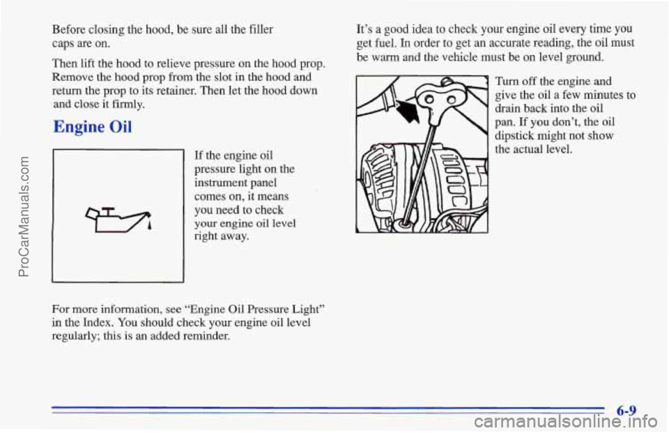 CHEVROLET TRACKER 1996  Owners Manual Before closing the hood, be sure  all the filler 
caps are  on. 
Then  lift the hood  to  relieve pressure on the hood prop. 
Remove  the hood  prop  from  the slot in the hood and 
return  the  prop 