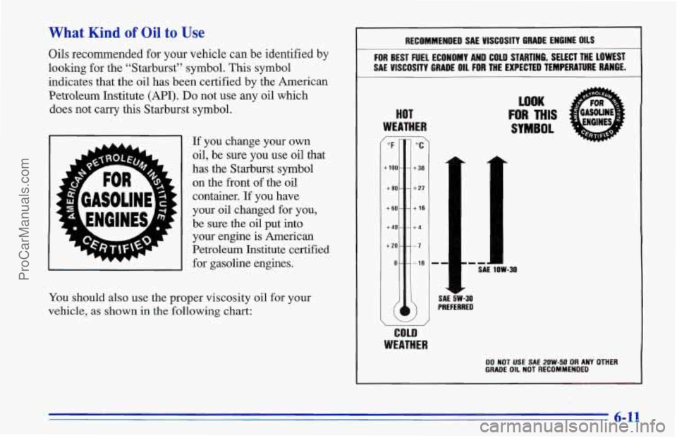 CHEVROLET TRACKER 1996 Owners Manual What Kind of Oil to Use
Oils recommended for your vehicle can be identified by
looking for the “Starburst” symbol. This symbol
indicates that the oil has been certified by the American
CHEVROLET TRACKER 1996 Owners Manual What Kind of Oil to Use
Oils recommended for your vehicle can be identified by
looking for the “Starburst” symbol. This symbol
indicates that the oil has been certified by the American