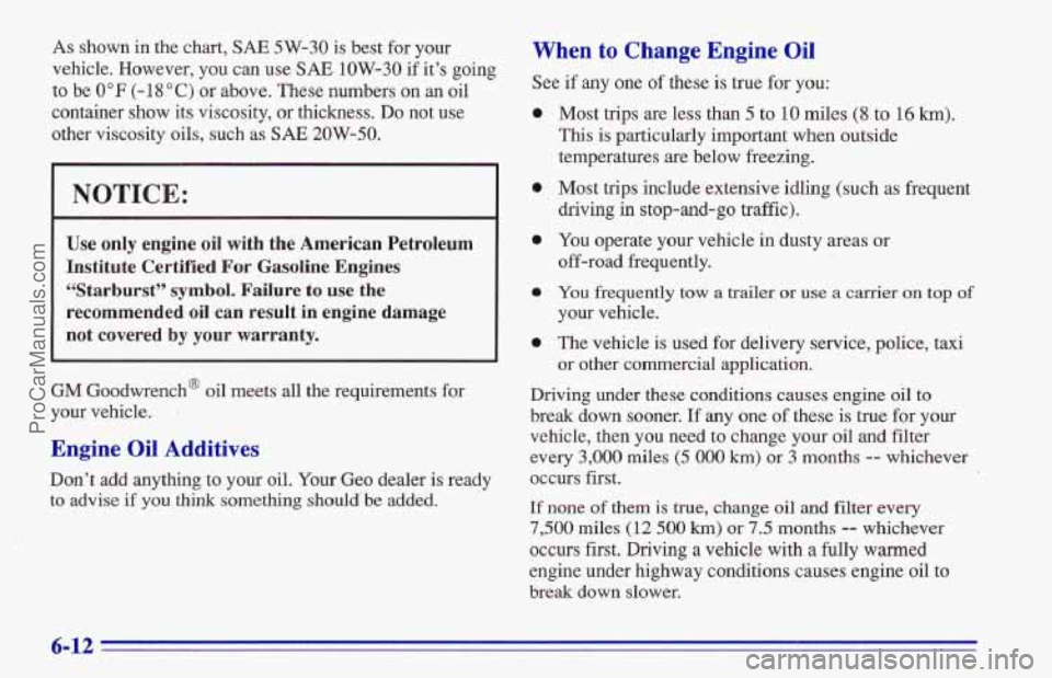 CHEVROLET TRACKER 1996 Owners Manual As shown in the chart, SAE 5W-30 is best for your
vehicle. However, you can use SAE
1OW-30 if it’s going
to be 0°F (-1 8 “C) or above. These numbers on an oil
container
show its viscos CHEVROLET TRACKER 1996 Owners Manual As shown in the chart, SAE 5W-30 is best for your
vehicle. However, you can use SAE
1OW-30 if it’s going
to be 0°F (-1 8 “C) or above. These numbers on an oil
container
show its viscos