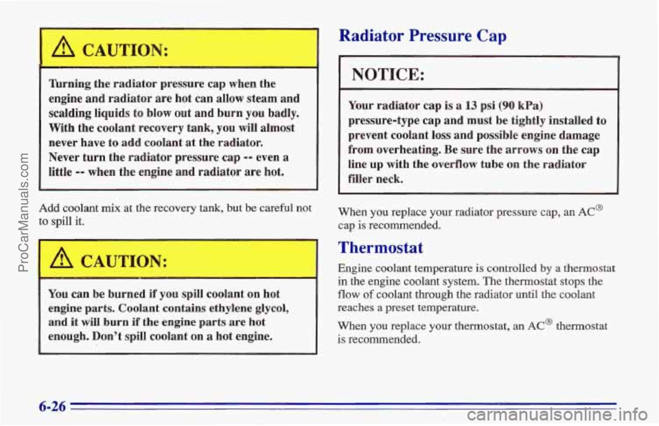 CHEVROLET TRACKER 1996 Owners Manual A RI
/t! CAUTION:
lhrning the radiator pressure cap when the
engine
and radiator are hot can allow steam and,
scalding liquids to blow out and burn
you badly.
With the coolant recove CHEVROLET TRACKER 1996 Owners Manual A RI
/t! CAUTION:
lhrning the radiator pressure cap when the
engine
and radiator are hot can allow steam and,
scalding liquids to blow out and burn
you badly.
With the coolant recove