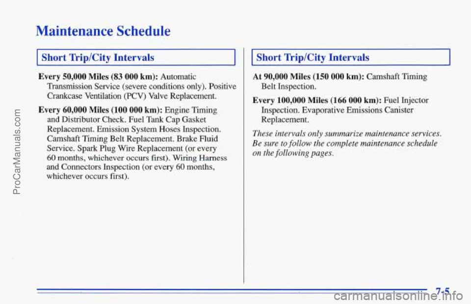 CHEVROLET TRACKER 1996 Owners Manual Maintenance Schedule
I Short Trip/City Intervals I
Every 50,000 Miles (83 000 km): Automatic
Transmission Service (severe conditions only). Positive Crankcase Ventilation (PCV) Valve Rep CHEVROLET TRACKER 1996 Owners Manual Maintenance Schedule
I Short Trip/City Intervals I
Every 50,000 Miles (83 000 km): Automatic
Transmission Service (severe conditions only). Positive Crankcase Ventilation (PCV) Valve Rep