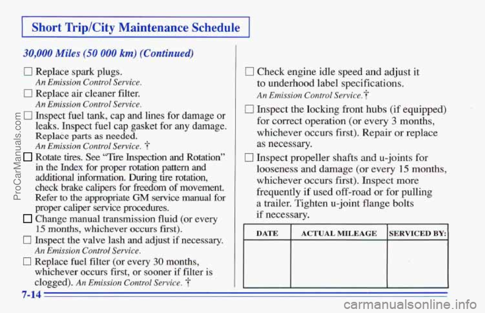 CHEVROLET TRACKER 1996 Owners Manual I Short Trip/City Maintenance Schedule I
30,000 Miles (50 000 km) (Continued)
17 Replace spark plugs.
An Emission Control Service.
17 Replace air cleaner filter.
An Emission Control Servic CHEVROLET TRACKER 1996 Owners Manual I Short Trip/City Maintenance Schedule I
30,000 Miles (50 000 km) (Continued)
17 Replace spark plugs.
An Emission Control Service.
17 Replace air cleaner filter.
An Emission Control Servic