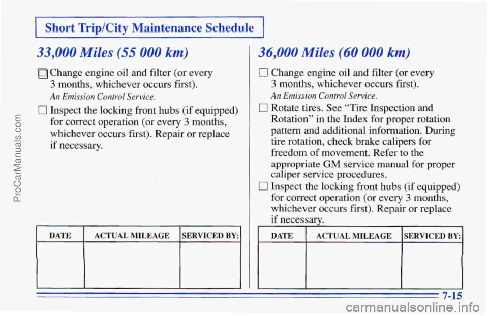 CHEVROLET TRACKER 1996 Owners Manual (iTrip/City Maintenance Schedule 1
33,000 Miles (55 000 km)
Change engine oil and filter (or every
3 months, whichever occurs first).
An Emission Control Service.
0 Inspect the locking CHEVROLET TRACKER 1996 Owners Manual (iTrip/City Maintenance Schedule 1
33,000 Miles (55 000 km)
Change engine oil and filter (or every
3 months, whichever occurs first).
An Emission Control Service.
0 Inspect the locking