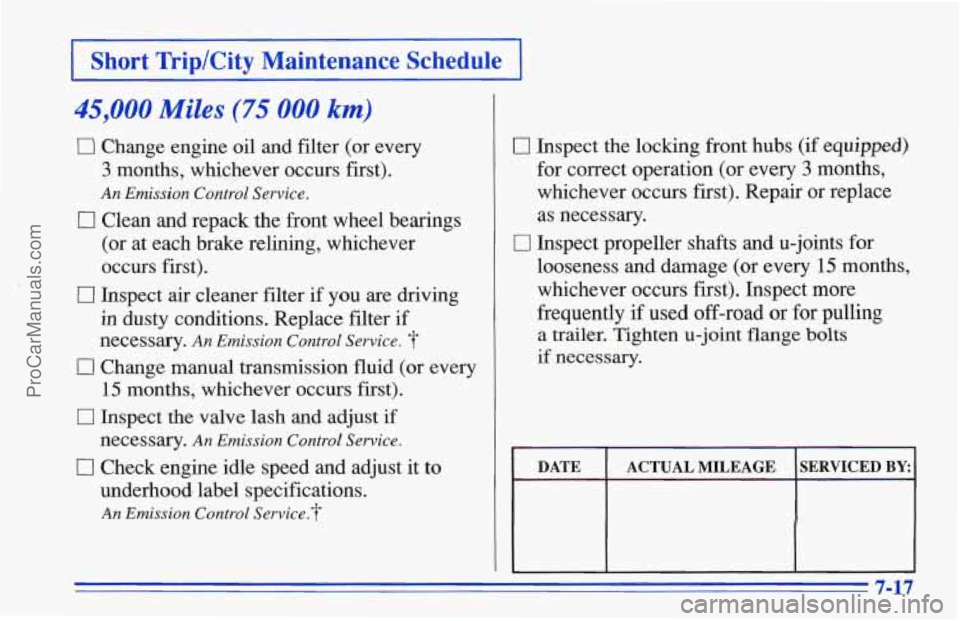 CHEVROLET TRACKER 1996 Owners Manual Short TriplCity Maintenance Schedule
45,000 Miles (75 000 km)
El Change engine oil and filter (or every
3 months, whxhever occurs first).
An Emission Control Service.
17 Clean and repac CHEVROLET TRACKER 1996 Owners Manual Short TriplCity Maintenance Schedule
45,000 Miles (75 000 km)
El Change engine oil and filter (or every
3 months, whxhever occurs first).
An Emission Control Service.
17 Clean and repac