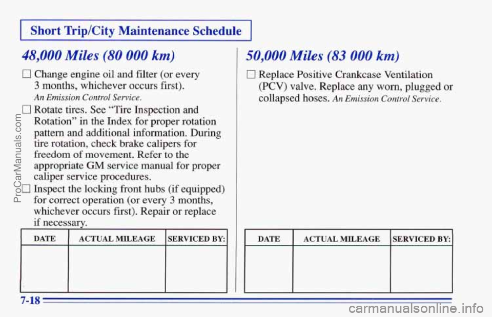 CHEVROLET TRACKER 1996 Owners Manual I Short Trip/City Maintenance Schedule 1
48,000 Miles (80 000 km)
0 Change engine oil and filter (or every
3 months, whichever occurs first).
0 Rotate tires. See “Tire Inspection and
An CHEVROLET TRACKER 1996 Owners Manual I Short Trip/City Maintenance Schedule 1
48,000 Miles (80 000 km)
0 Change engine oil and filter (or every
3 months, whichever occurs first).
0 Rotate tires. See “Tire Inspection and
An