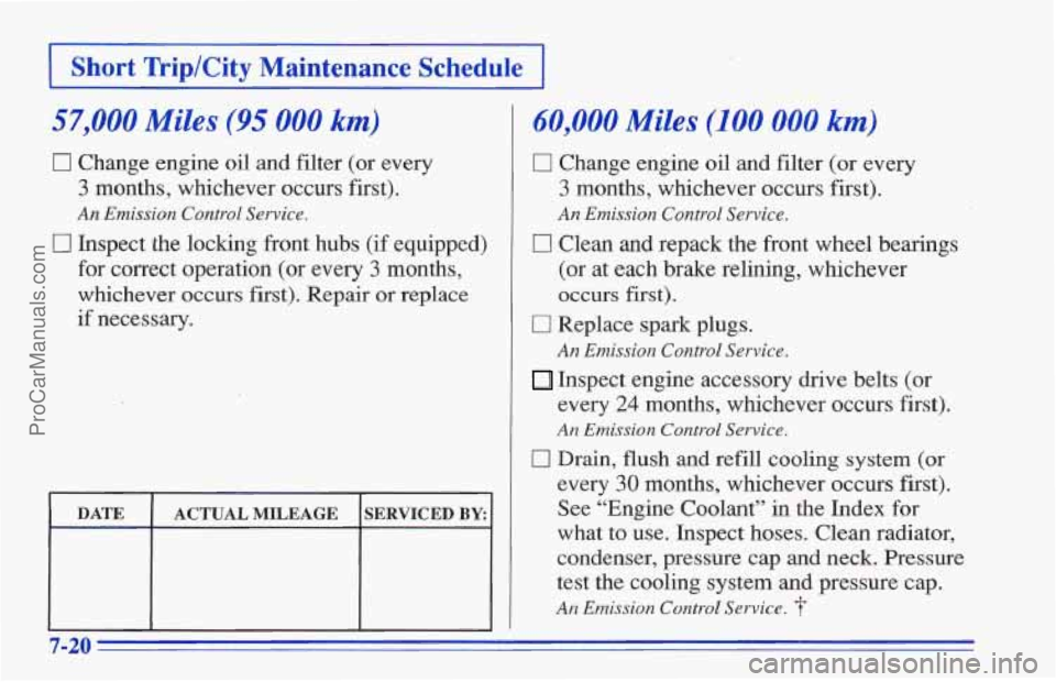 CHEVROLET TRACKER 1996  Owners Manual 1 Short Trip/City  Maintenance  Schedule ~-1 
57,000 Miles (95 000 km) 
0 Change engine oil and filter (or  every 
3 months, whichever  occurs  first). 
An Emission Control Service. 
0 Inspect ,the lo