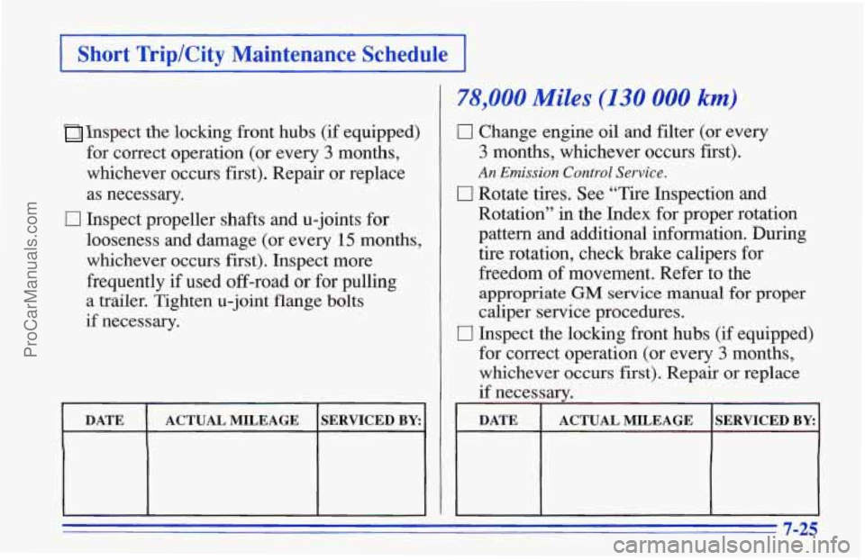 CHEVROLET TRACKER 1996 Owners Manual Short TriplCity Maintenance Schedule
Inspect the locking front hubs (if equipped)
for correct operation (or every
3 months,
whichever occurs first). Repair or replace
as necessary.
0 In CHEVROLET TRACKER 1996 Owners Manual Short TriplCity Maintenance Schedule
Inspect the locking front hubs (if equipped)
for correct operation (or every
3 months,
whichever occurs first). Repair or replace
as necessary.
0 In