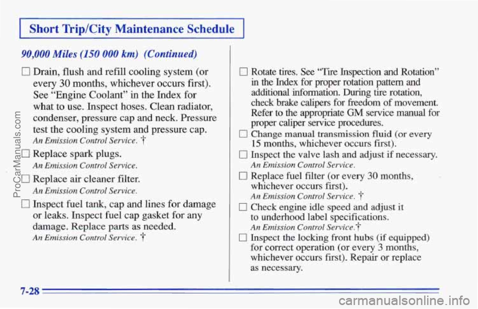 CHEVROLET TRACKER 1996 Owners Manual I Short Trip/City Maintenance Schedule I
90,000 Miles (150 000 km) (Continued)
0 Drain, flush and refill cooling system (or
every 30 months, whichever occurs first).
See “Engine Coolant CHEVROLET TRACKER 1996 Owners Manual I Short Trip/City Maintenance Schedule I
90,000 Miles (150 000 km) (Continued)
0 Drain, flush and refill cooling system (or
every 30 months, whichever occurs first).
See “Engine Coolant