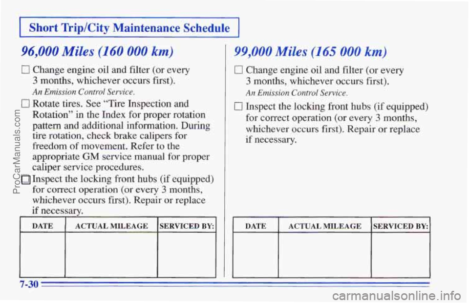 CHEVROLET TRACKER 1996 Owners Manual I Short Trip/City Maintenance Schedule I
96,000 Miles (160 000 km)
0 Change engine oil and filter (or every
3 months, whichever occurs first).
An Emission Control Service.
0 Rotate tires. Se CHEVROLET TRACKER 1996 Owners Manual I Short Trip/City Maintenance Schedule I
96,000 Miles (160 000 km)
0 Change engine oil and filter (or every
3 months, whichever occurs first).
An Emission Control Service.
0 Rotate tires. Se