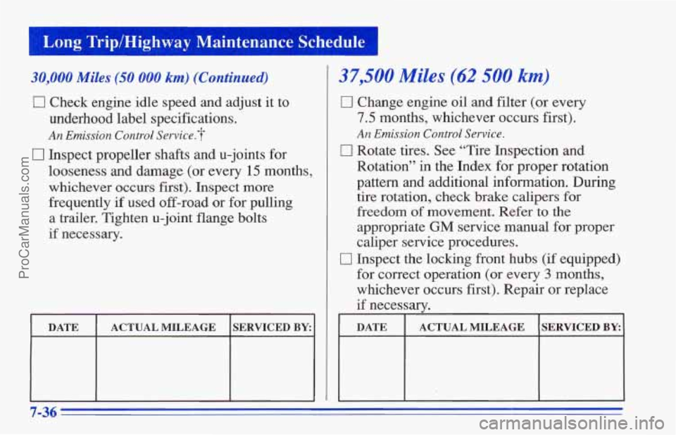 CHEVROLET TRACKER 1996  Owners Manual 1 Long Trip/Highway Maintenance Schedule 
30,000 Miles (50 000 km) (Continued) 
c] Check  engine idle speed  and  adjust it to 
underhood  label specifications. 
An Emission  Control Service.? 
0 Insp