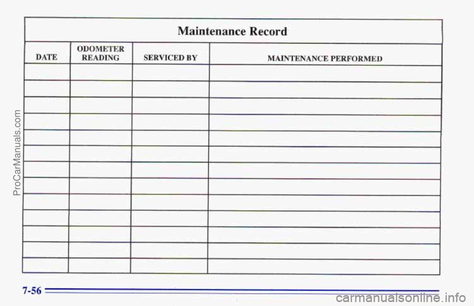 CHEVROLET TRACKER 1996 Owners Manual I
Maintenance Record.
7-56
ProCarManuals.com CHEVROLET TRACKER 1996 Owners Manual I
Maintenance Record.
7-56
ProCarManuals.com