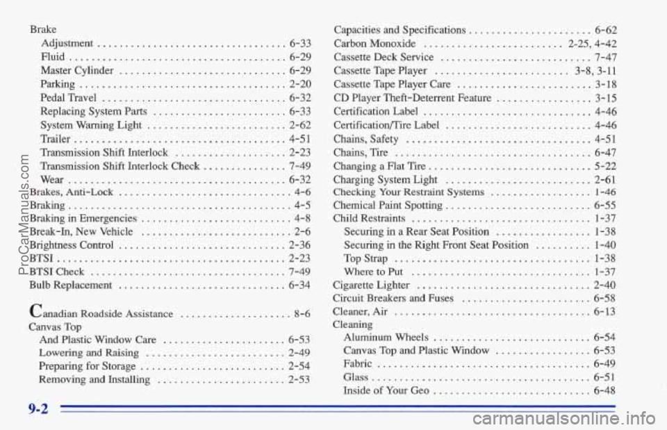 CHEVROLET TRACKER 1996 Owners Manual Brake Adjustment
.................................. 6-33
Fluid
....................................... 6-29
Master Cylinder
.............................. 6-29
Parking
........................ CHEVROLET TRACKER 1996 Owners Manual Brake Adjustment
.................................. 6-33
Fluid
....................................... 6-29
Master Cylinder
.............................. 6-29
Parking
........................