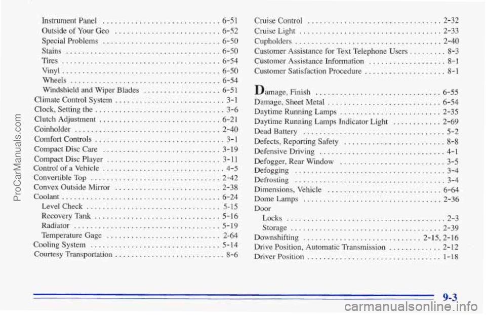 CHEVROLET TRACKER 1996 Owners Manual Instrument Panel ............................. 6-51
Outside of Your Geo .......................... 6-52
Special Problems
............................. 6-50
Stains
..................... ......... CHEVROLET TRACKER 1996 Owners Manual Instrument Panel ............................. 6-51
Outside of Your Geo .......................... 6-52
Special Problems
............................. 6-50
Stains
..................... .........
