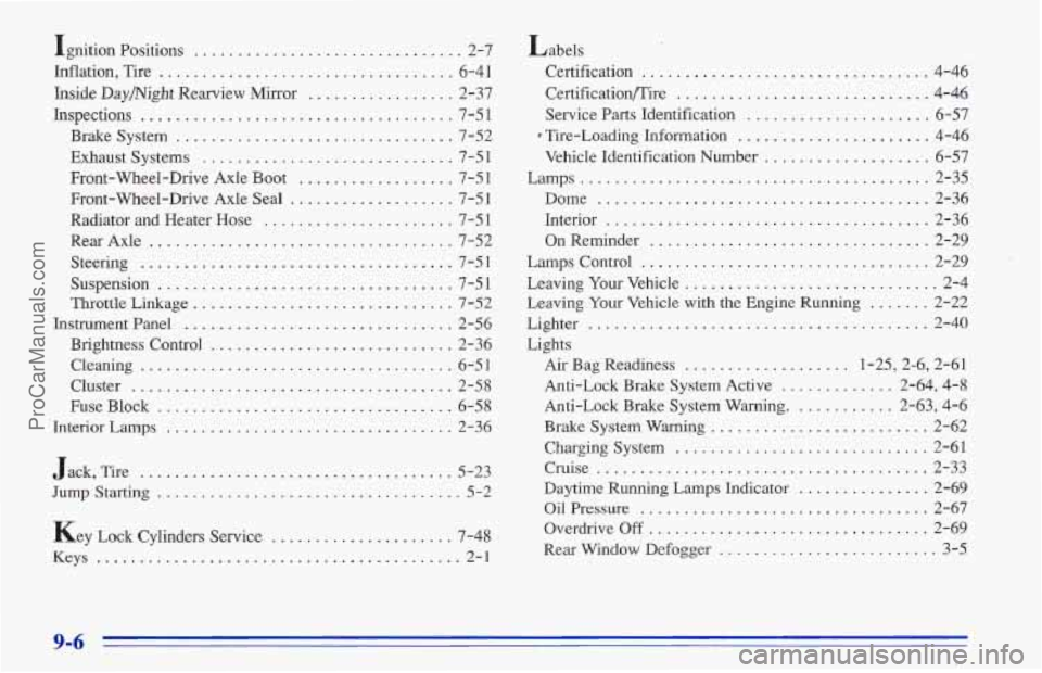 CHEVROLET TRACKER 1996  Owners Manual Ignition Positions ....... ............ 2-4 
Inflation,  Tire 
................................ 6-41 
Inside Daymight  Rearview Mirror ................. 2-37 
Inspections 
............................