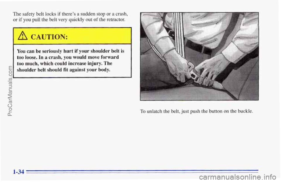 CHEVROLET TRACKER 1996 Service Manual The safety belt locks if theres a sudden stop or a crash,
or if you pull the belt very quickly out of the retractor.
You can be seriously hurt if your shoulder belt
too loose. In a cras CHEVROLET TRACKER 1996 Service Manual The safety belt locks if theres a sudden stop or a crash,
or if you pull the belt very quickly out of the retractor.
You can be seriously hurt if your shoulder belt
too loose. In a cras