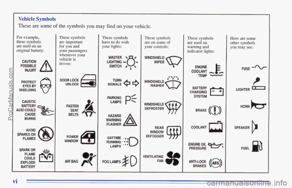 CHEVROLET TRACKER 1996  Owners Manual Vehicle Symbols 
These are some of the symbols you may find on your vehicle. 
For example, 
these  symbols 
are  used  on  an 
original  battery: 
POSSIBLE A 
CAUTION 
INJURY 
PROTECT  EYES  BY 
SHIEL