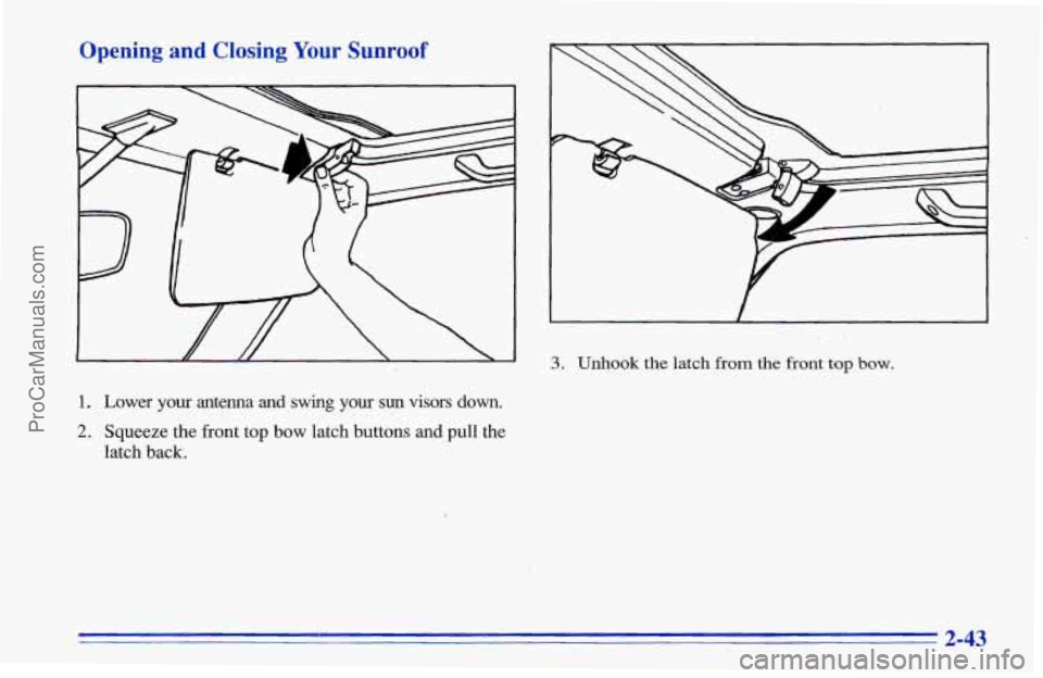 CHEVROLET TRACKER 1996  Owners Manual Opening and Closing Your Sunroof 
I 
1. Lower your antenna and swing yow sun visors down. 
2. Squeeze  the  front  top bow latch  buttons and pull  the 
latch  back. 
I I 
3. Unhook the latch from the
