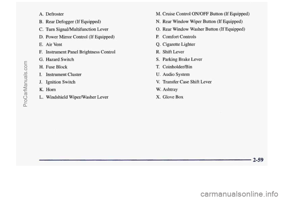 CHEVROLET TRACKER 1997 Owners Manual A. Defroster
B. Rear Defogger (If Equipped)
C. Turn SignaYMultifunction Lever
D. Power Mirror Control
(If Equipped)
E.
Air Vent
E Instrument Panel Brightness Control
G. Hazard Swit CHEVROLET TRACKER 1997 Owners Manual A. Defroster
B. Rear Defogger (If Equipped)
C. Turn SignaYMultifunction Lever
D. Power Mirror Control
(If Equipped)
E.
Air Vent
E Instrument Panel Brightness Control
G. Hazard Swit
